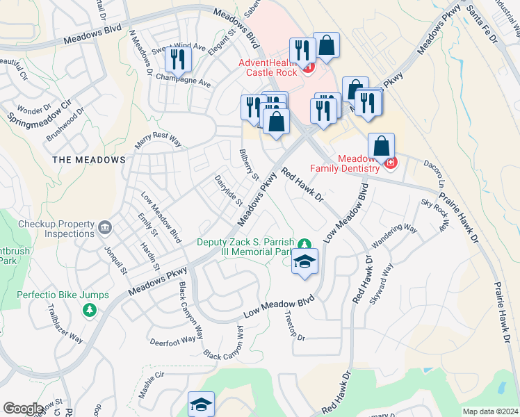 map of restaurants, bars, coffee shops, grocery stores, and more near 3409 Goodyear Street in Castle Rock