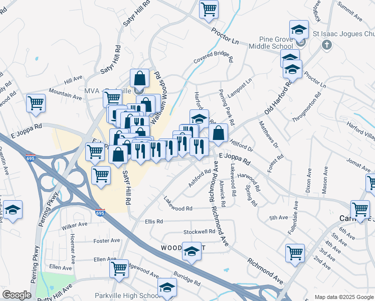 map of restaurants, bars, coffee shops, grocery stores, and more near 2308 East Joppa Road in Parkville