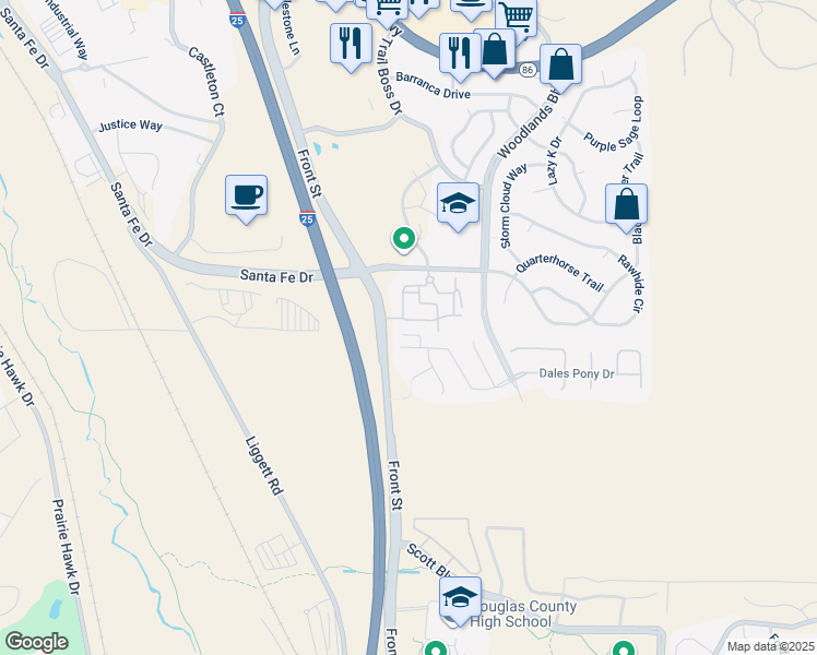 map of restaurants, bars, coffee shops, grocery stores, and more near 466 Black Feather Loop in Castle Rock