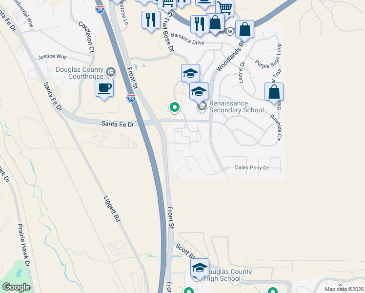 map of restaurants, bars, coffee shops, grocery stores, and more near 457 Black Feather Loop in Castle Rock