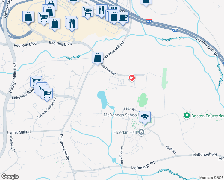 map of restaurants, bars, coffee shops, grocery stores, and more near 10065 Red Run Boulevard in Owings Mills