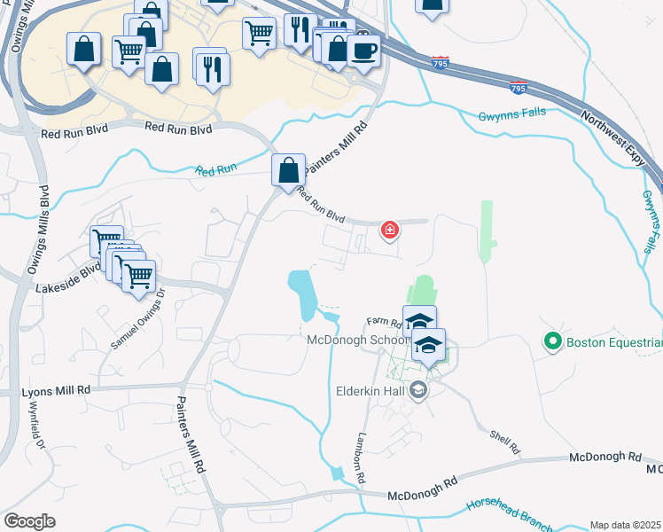 map of restaurants, bars, coffee shops, grocery stores, and more near 10065 Red Run Boulevard in Owings Mills