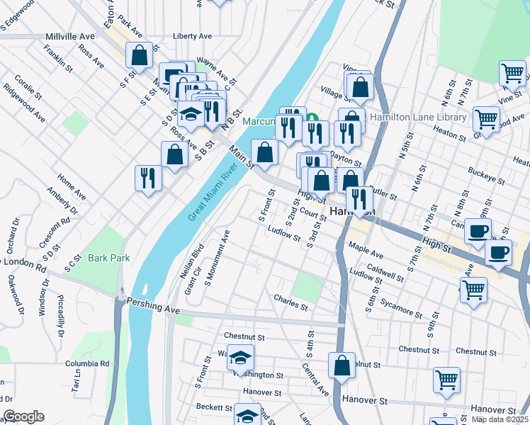map of restaurants, bars, coffee shops, grocery stores, and more near in Hamilton