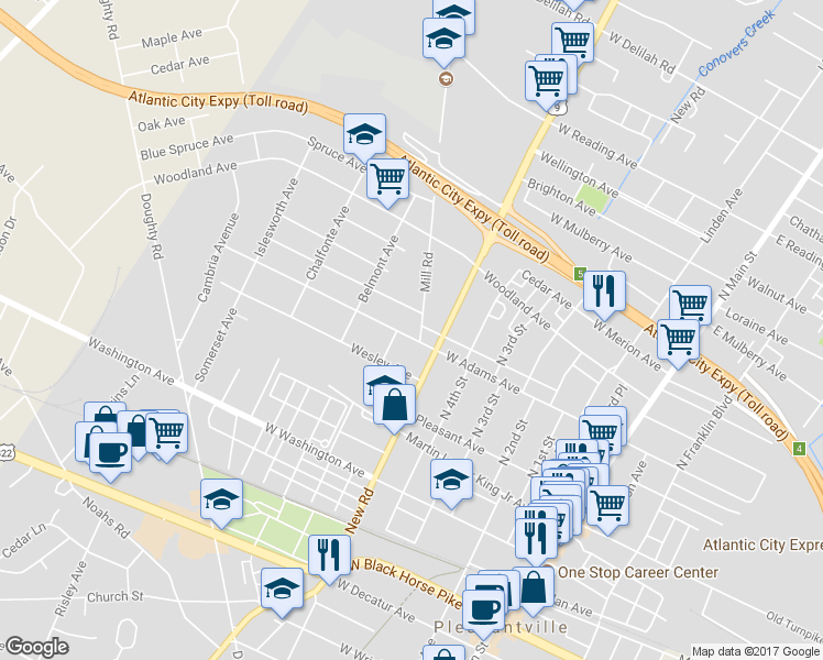 map of restaurants, bars, coffee shops, grocery stores, and more near 602 West Adams Avenue in Pleasantville