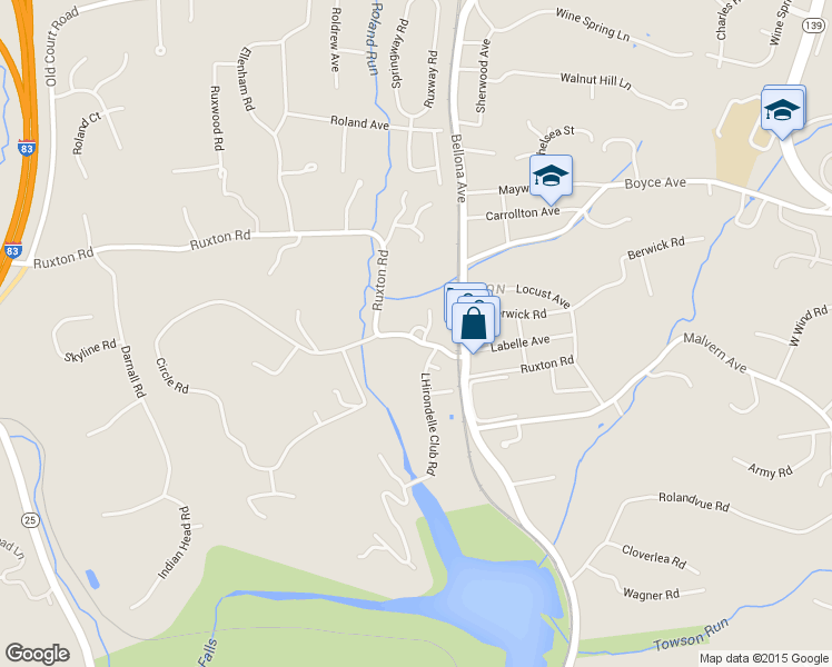 map of restaurants, bars, coffee shops, grocery stores, and more near 1608 Ruxton Road in Towson