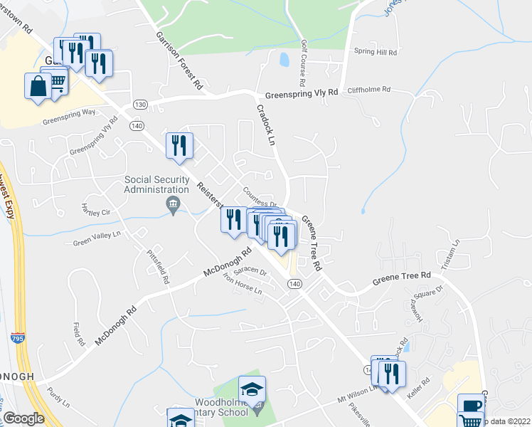 map of restaurants, bars, coffee shops, grocery stores, and more near 35 Cornbury Court in Owings Mills