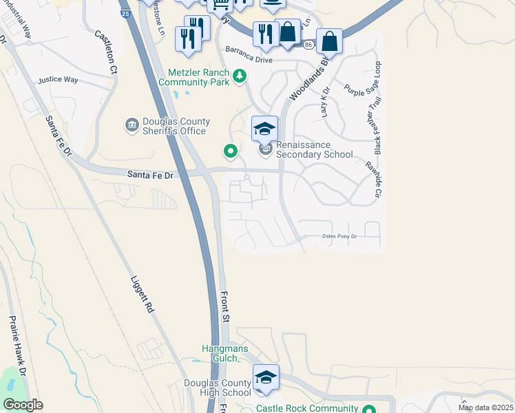 map of restaurants, bars, coffee shops, grocery stores, and more near 457 Black Feather Loop in Castle Rock