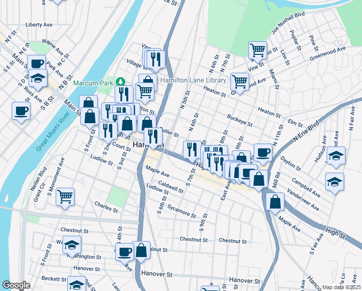 map of restaurants, bars, coffee shops, grocery stores, and more near 29 Center Street in Hamilton
