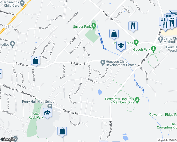 map of restaurants, bars, coffee shops, grocery stores, and more near 4619 East Joppa Road in Perry Hall