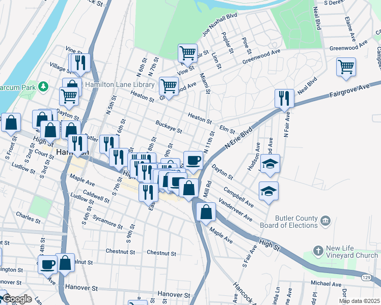 map of restaurants, bars, coffee shops, grocery stores, and more near 1000 Dayton Street in Hamilton