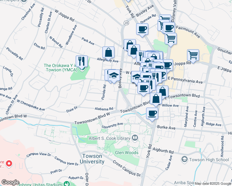 map of restaurants, bars, coffee shops, grocery stores, and more near 218 Bosley Avenue in Towson