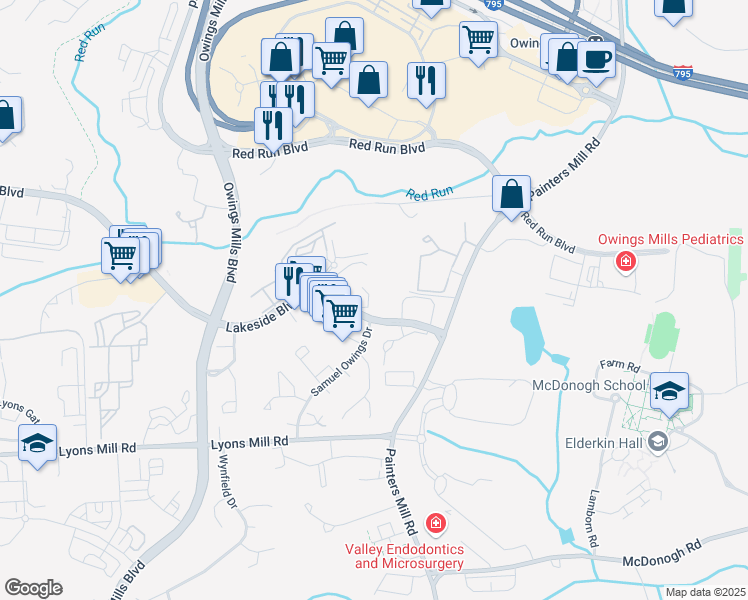 map of restaurants, bars, coffee shops, grocery stores, and more near 9125 Thistledown Road in Owings Mills