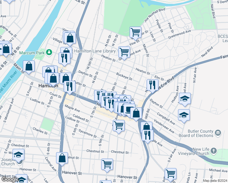 map of restaurants, bars, coffee shops, grocery stores, and more near 118 North 8th Street in Hamilton