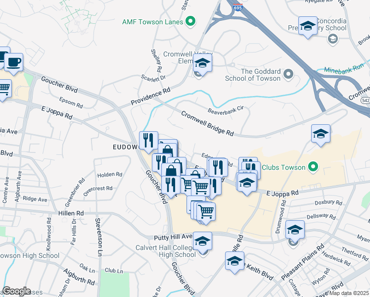 map of restaurants, bars, coffee shops, grocery stores, and more near 123 Edgewood Road in Towson