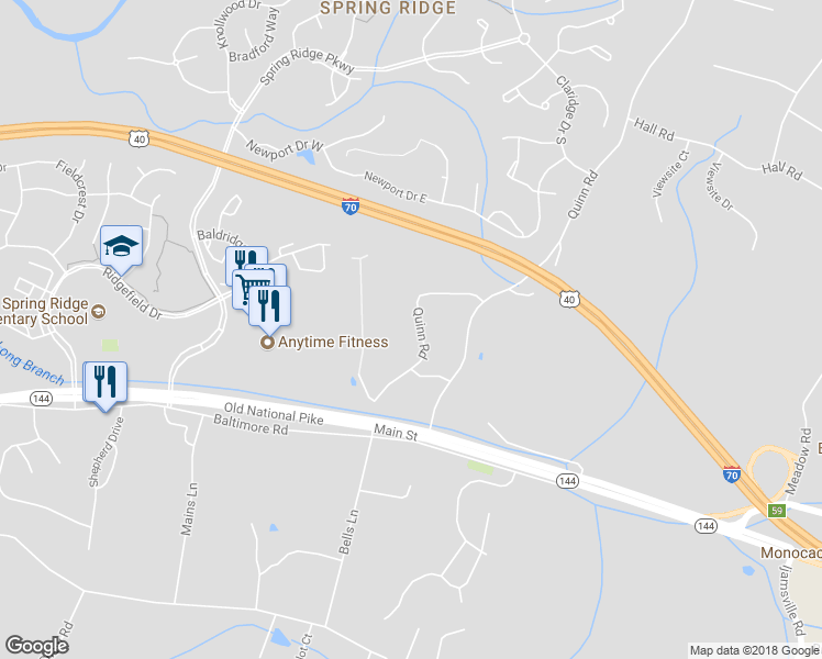 map of restaurants, bars, coffee shops, grocery stores, and more near 5932 Quinn Road in Frederick