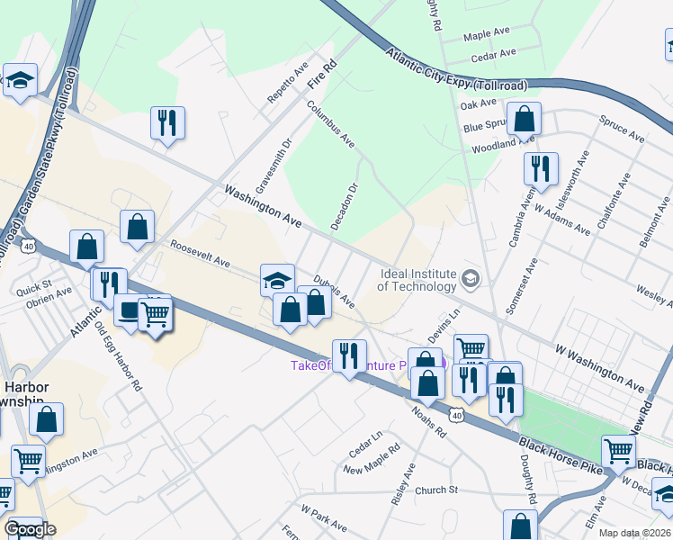 map of restaurants, bars, coffee shops, grocery stores, and more near 109 Langford Avenue in Egg Harbor Township