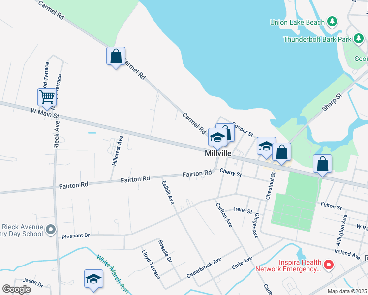 map of restaurants, bars, coffee shops, grocery stores, and more near 1209 West Main Street in Millville
