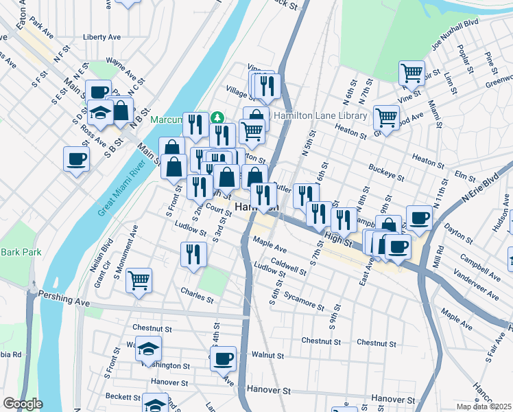 map of restaurants, bars, coffee shops, grocery stores, and more near in Hamilton