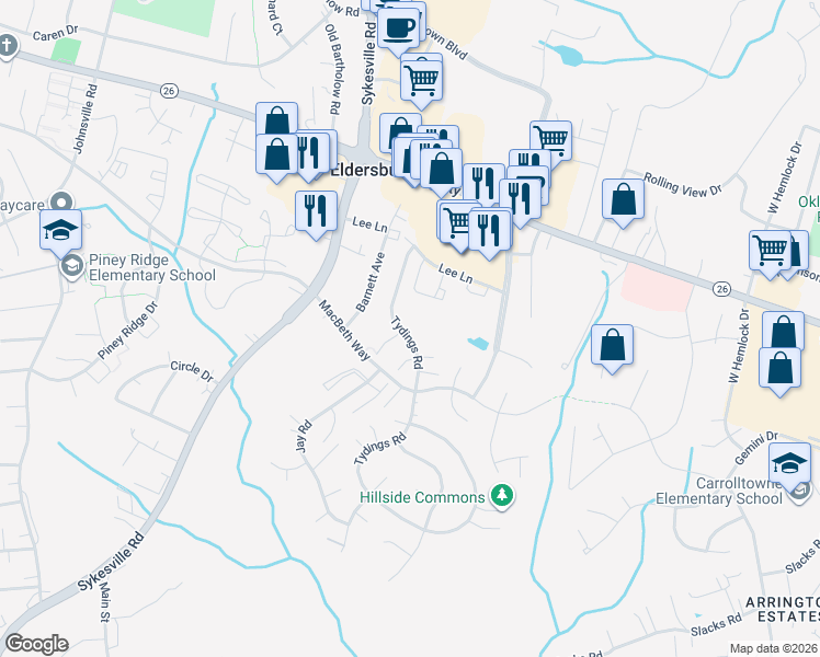 map of restaurants, bars, coffee shops, grocery stores, and more near 6465 Tydings Road in Eldersburg