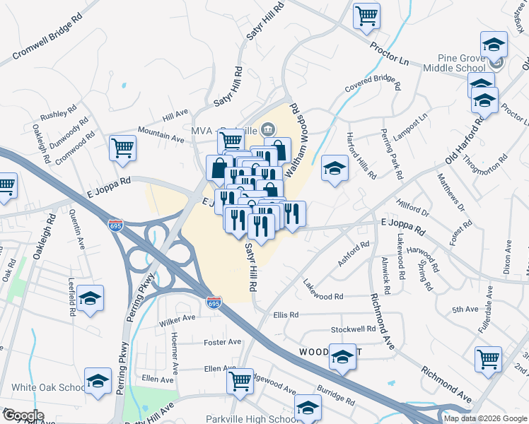map of restaurants, bars, coffee shops, grocery stores, and more near 2028 East Joppa Road in Parkville