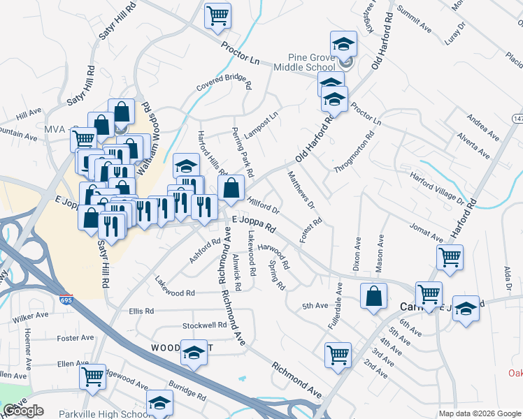 map of restaurants, bars, coffee shops, grocery stores, and more near 2413 Hillford Drive in Parkville