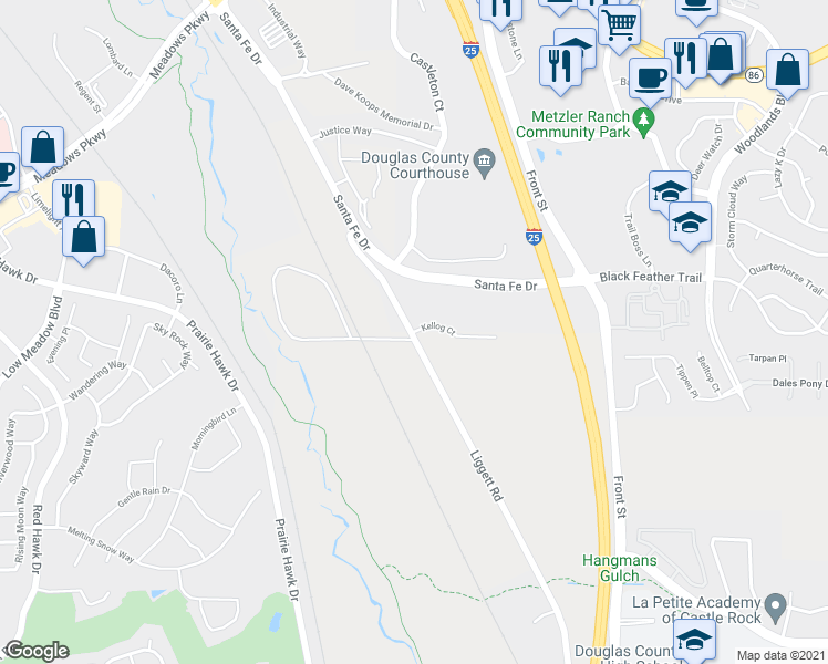 map of restaurants, bars, coffee shops, grocery stores, and more near 198 Kellog Court in Castle Rock