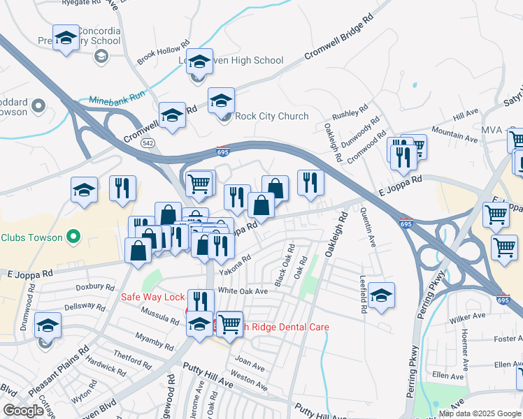 map of restaurants, bars, coffee shops, grocery stores, and more near 8700 Emge Road in Parkville