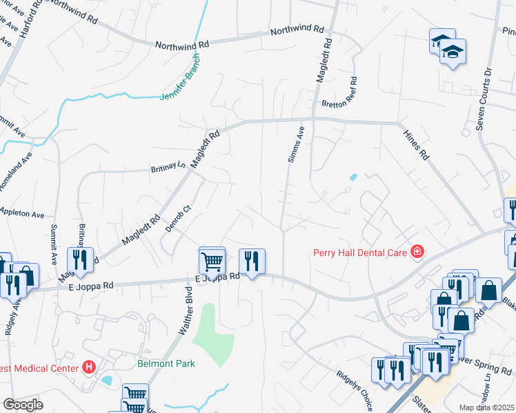 map of restaurants, bars, coffee shops, grocery stores, and more near 9038 Simms Court in Parkville