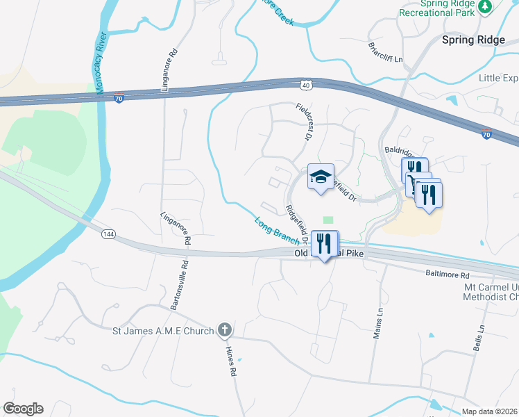 map of restaurants, bars, coffee shops, grocery stores, and more near 6513 Springwater Court in Frederick