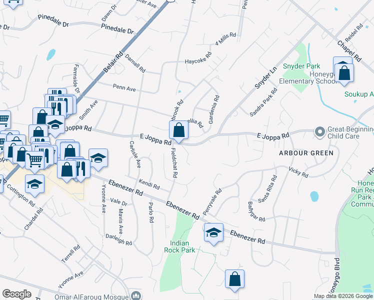 map of restaurants, bars, coffee shops, grocery stores, and more near 4409 East Joppa Road in Perry Hall
