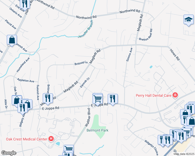 map of restaurants, bars, coffee shops, grocery stores, and more near 9749 Deltom Court in Parkville