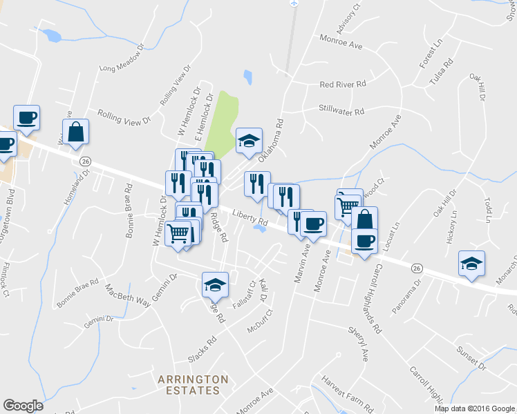 map of restaurants, bars, coffee shops, grocery stores, and more near 1834 Liberty Road in Sykesville