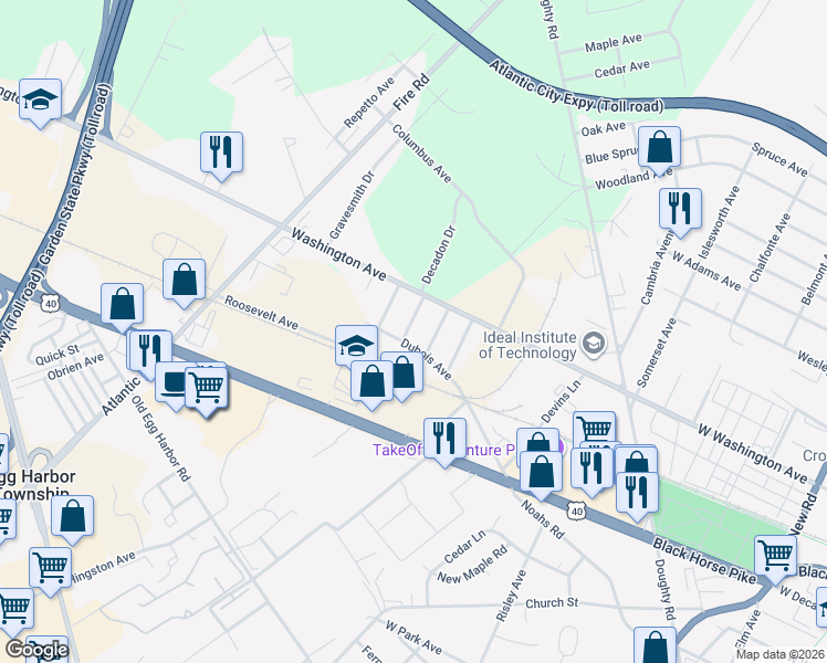 map of restaurants, bars, coffee shops, grocery stores, and more near 109 Langford Avenue in Egg Harbor Township