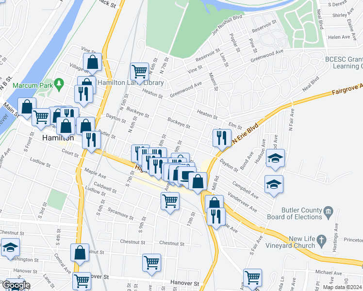 map of restaurants, bars, coffee shops, grocery stores, and more near 901 Dayton Street in Hamilton