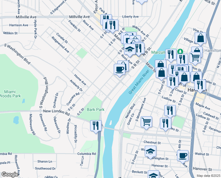map of restaurants, bars, coffee shops, grocery stores, and more near 365 South B Street in Hamilton