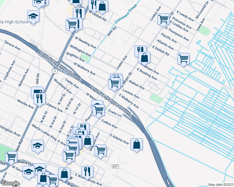 map of restaurants, bars, coffee shops, grocery stores, and more near 560 Shore Road in Pleasantville