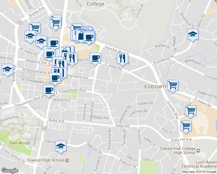 map of restaurants, bars, coffee shops, grocery stores, and more near 408 Railroad Avenue in Towson