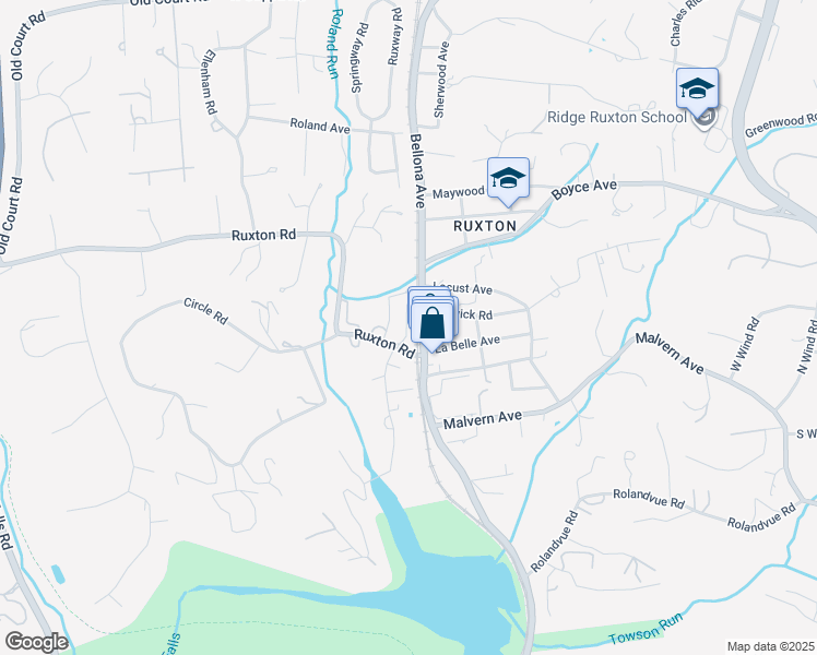 map of restaurants, bars, coffee shops, grocery stores, and more near 1600 Ruxton Road in Towson