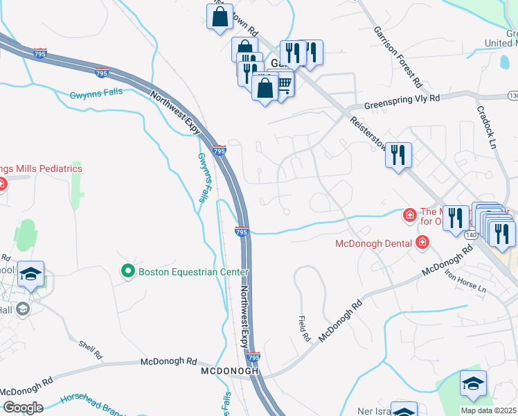 map of restaurants, bars, coffee shops, grocery stores, and more near 33 Wellspring Circle in Owings Mills