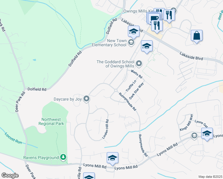 map of restaurants, bars, coffee shops, grocery stores, and more near 9903 Bon Haven Lane in Owings Mills