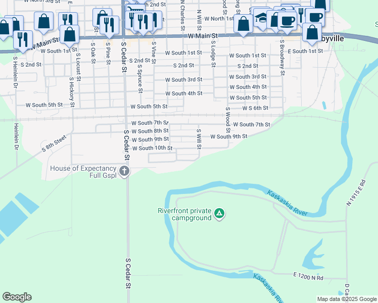 map of restaurants, bars, coffee shops, grocery stores, and more near 718 West South 10th Street in Shelbyville