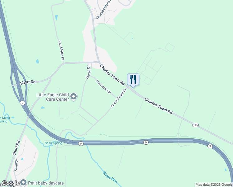 map of restaurants, bars, coffee shops, grocery stores, and more near 50 Coast Guard Drive in Kearneysville