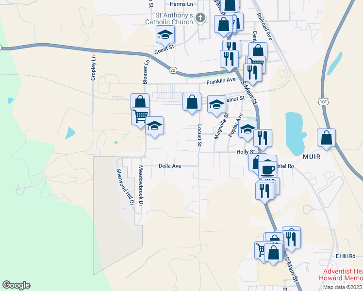 map of restaurants, bars, coffee shops, grocery stores, and more near 1298 Locust Street in Willits
