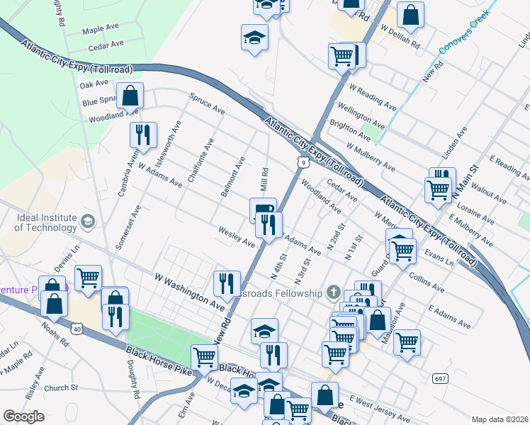 map of restaurants, bars, coffee shops, grocery stores, and more near 602 West Adams Avenue in Pleasantville
