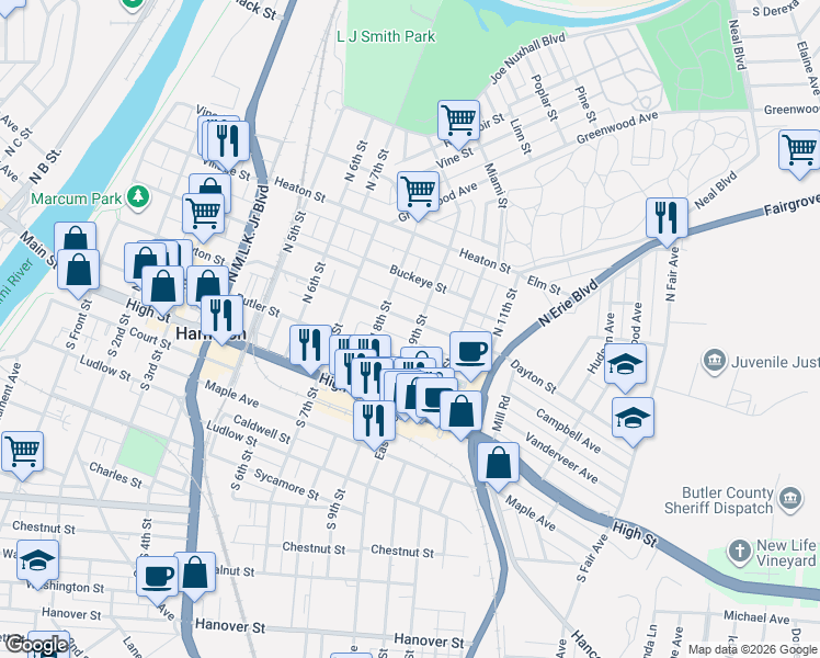 map of restaurants, bars, coffee shops, grocery stores, and more near 901 Dayton Street in Hamilton