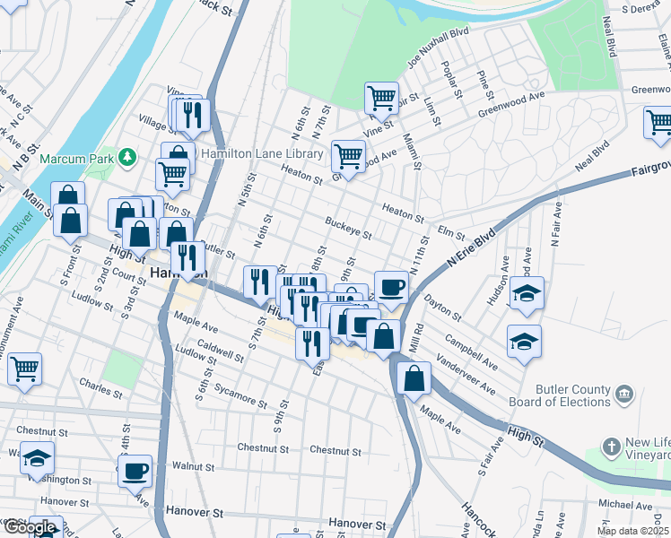 map of restaurants, bars, coffee shops, grocery stores, and more near 118 North 8th Street in Hamilton