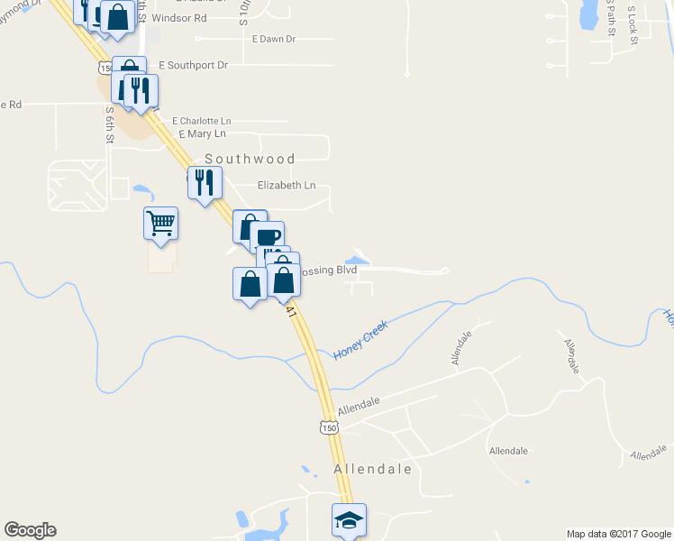 map of restaurants, bars, coffee shops, grocery stores, and more near 1298 East Canvasback Drive in Terre Haute