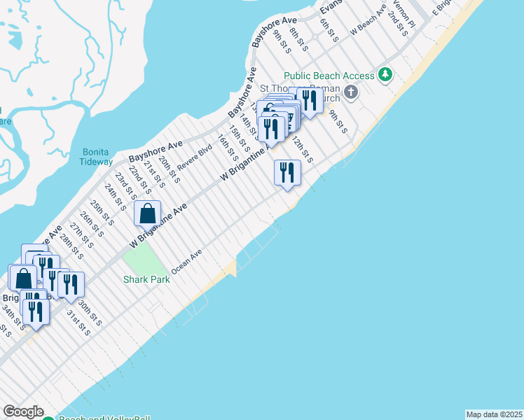 map of restaurants, bars, coffee shops, grocery stores, and more near 1600 Ocean Avenue in Brigantine