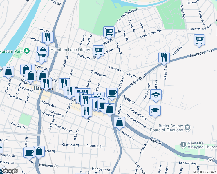 map of restaurants, bars, coffee shops, grocery stores, and more near 1000 Dayton Street in Hamilton
