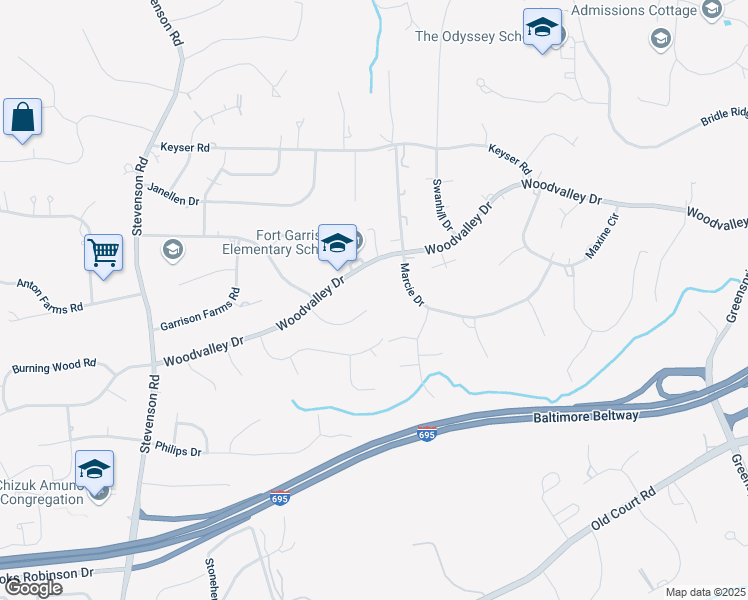 map of restaurants, bars, coffee shops, grocery stores, and more near 3307 Woodvalley Drive in Pikesville